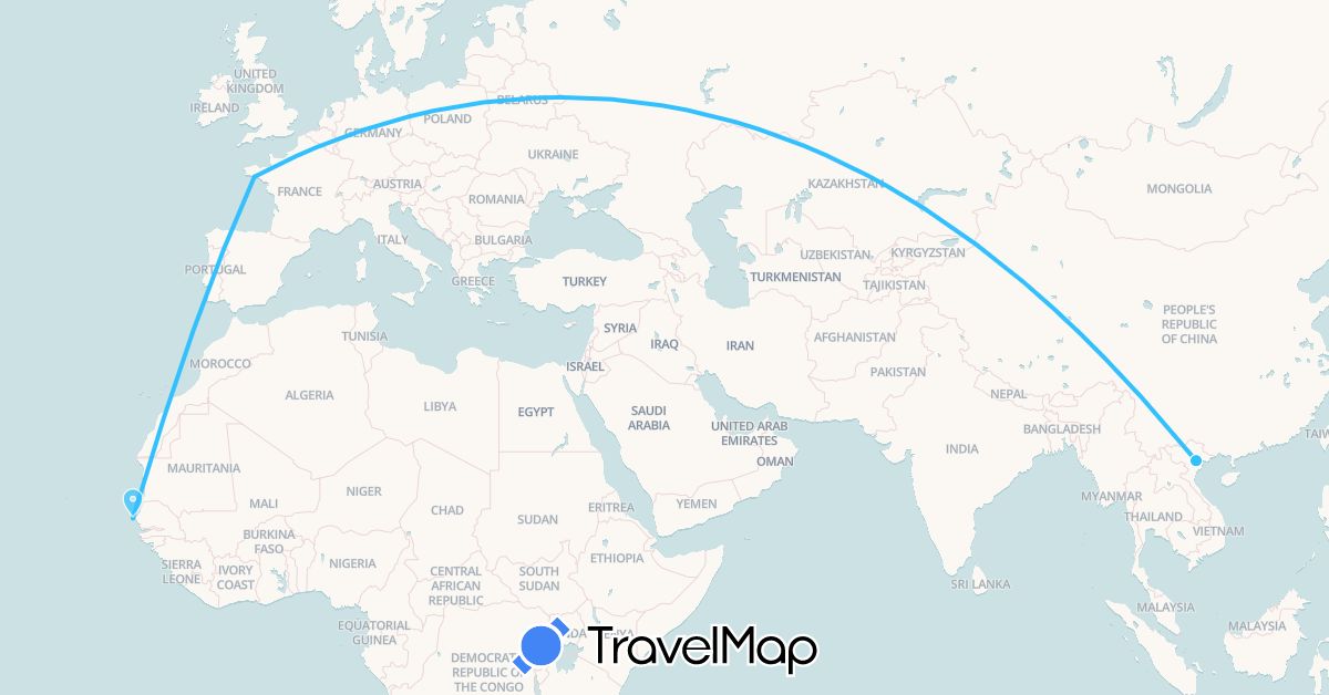 TravelMap itinerary: driving, boat in France, Senegal, Vietnam (Africa, Asia, Europe)